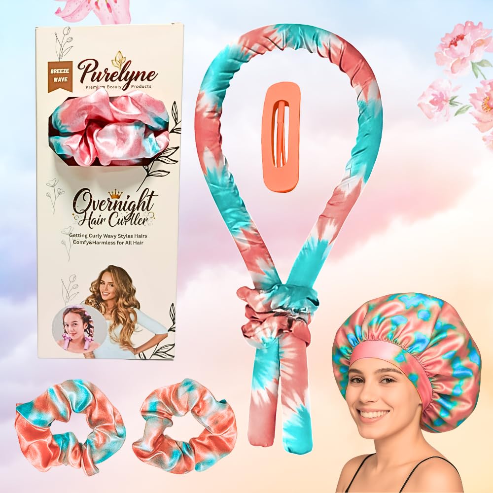 Heatless Hair Curler | 5PC No Heat Curling Rod Headband | With Satin Bonnet, Curler, 2 Scrunchies & Claw Clip Set | Curl Kit for Women & Girls (Cotton Candy, Medium)